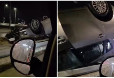 (ВИДЕО) ПРЕВРНУО СЕ "НАГЛАВАЧКЕ" НА КРУЖНОМ ТОКУ КОД АПТИВА  Аутомобил „летео“ преко банкине, па се „дочекао“ на крову