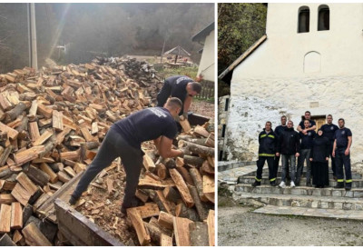 (ФОТО) СПАС ЗА МАНАСТИР КОВИЉ Племенити ХЕРОЈИ У ЦРВЕНОМ помогли су монахињама да се боље и брже ПРИПРЕМИ ОГРЕВ за зиму