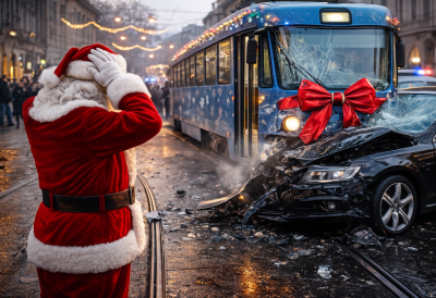 (ФОТО) МАЛЕР НА ШИНАМА У ПРЕСТОНИЦИ Сударили се новогодишњи трамвај и аутомобил