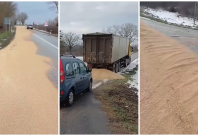 (ВИДЕО) Жито се просуло из камиона! НЕСВАКИДАШЊИ ПРИЗОР НА ПУТУ КОД ВРШЦА Могућа клизавост и застоји