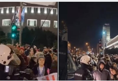 (ВИДЕО) Испред СНП и даље група учесника протеста док траје свечана академија
