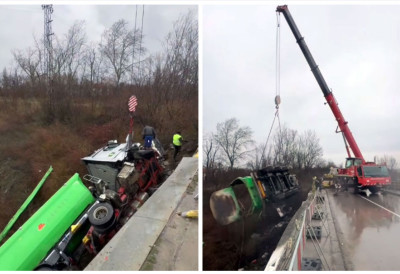 ЕВО КАКО ЈЕ ИЗВУЧЕН КАМИОН ИЗ КАНАЛА Огромне машине на терену, пут код Бачког Петровца био блокиран (ВИДЕО)