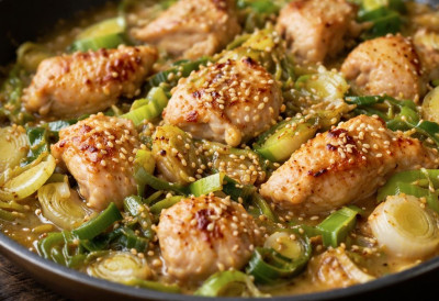 ПИЛЕТИНА СА ПРАЗИЛУКОМ У БЕЛОМ ВИНУ Мирисно, сочно јело из једне шерпе