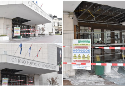 (ВИДЕО) НИЈЕ БИЛО УРУШАВАЊА НАДСТРЕШНИЦЕ ИЗНАД УЛАЗА СНП-а: Од 24. фебруара радови на поправци система дренаже