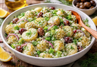 КРОМПИР САЛАТА СА ДОДИРОМ МЕДИТЕРАНА Уз рибу, месо или сама – увек је хит