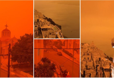 (ФОТО, ВИДЕО) ПРИЗОРИ КАО ИЗ „ДИНЕ“ Сахарски песак и БЛАТНА КИША „пресвукли“ САНТОРИНИ до сабласне непрепознатљивости!