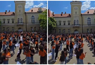 (ВИДЕО) Дан за памћење! МАТУРАНТИ ПЛЕСАЛИ У ПОДНЕ ИСПРЕД ГРАДСКЕ КУЋЕ У КИКИНДИ У ритму кадрила испратили средњошколске дане