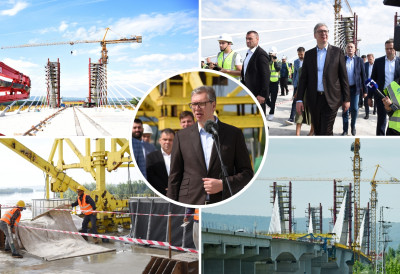 (FOTO, VIDEO) ISTORIJSKI TRENUTAK NA DUNAVU Spojen novi most u Novom Sadu, predsednik Vučić: "Ceo koridor gotov za dve i po godine"