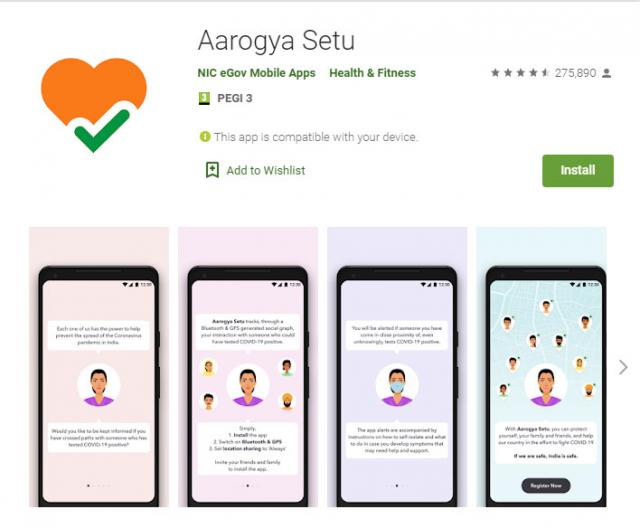 Aarogya Setu - Aplikacija za praćenje kontakata u Indiji Foto: Gugl plej/skrinšot